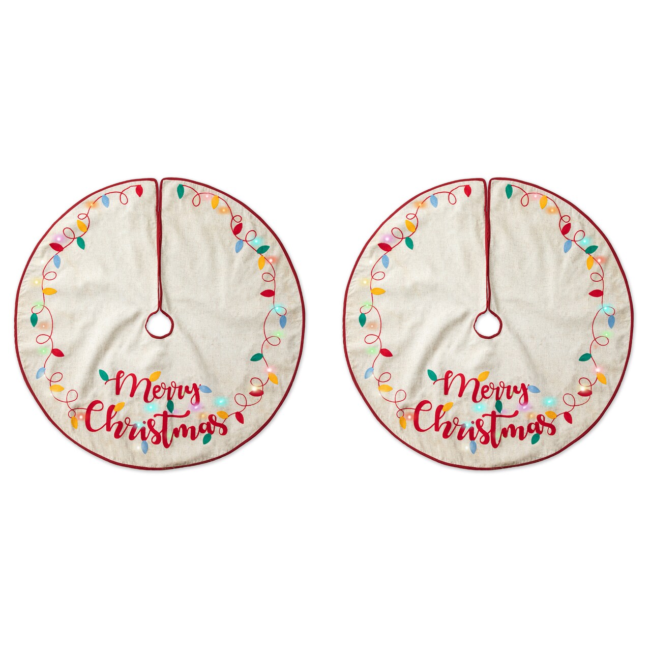 Set of 2 48"D LED Embroidered Linen Christmas Tree Skirt - Merry Christmas